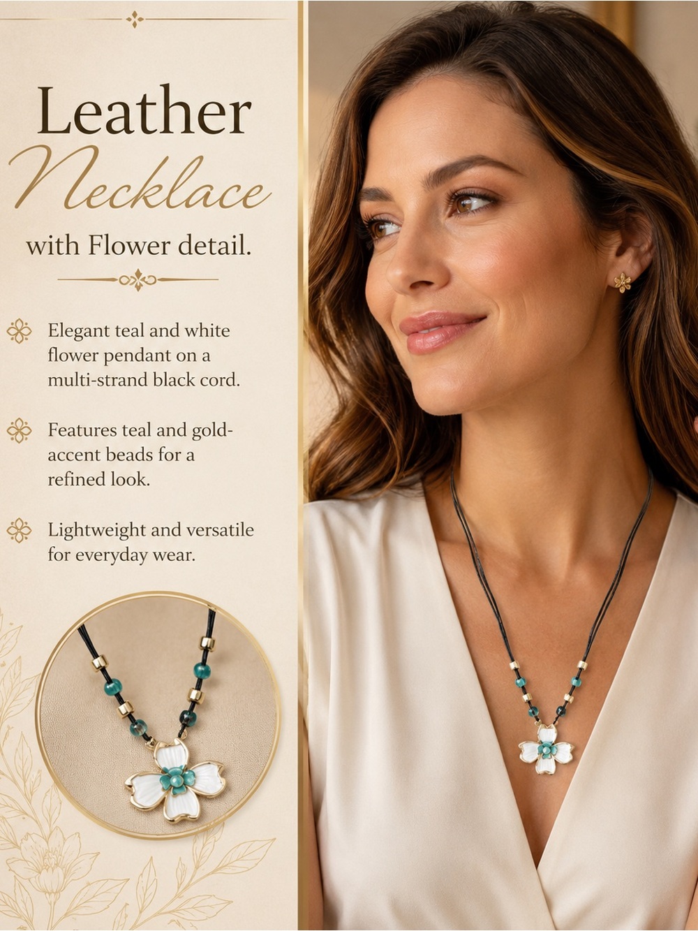 Teal and White Flower Pendant Necklace - Women Jewelry